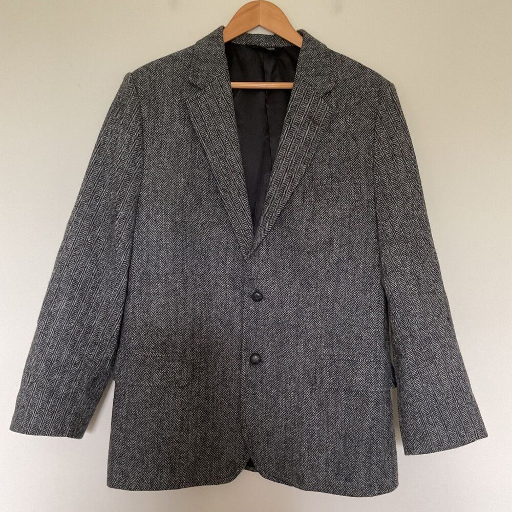 Jos A Bank x Harris Tweed Mens 43 L Charcoal Grey Speckled Herringbone Blazer